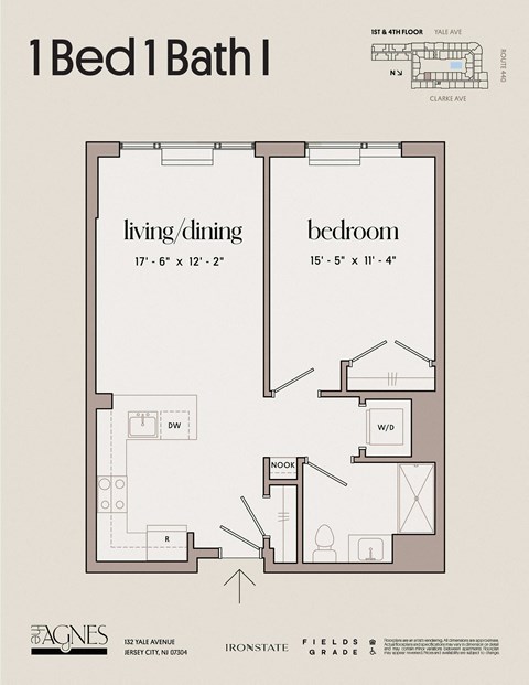 Floor plan for 1 bed, 1 bath, 755 sqft